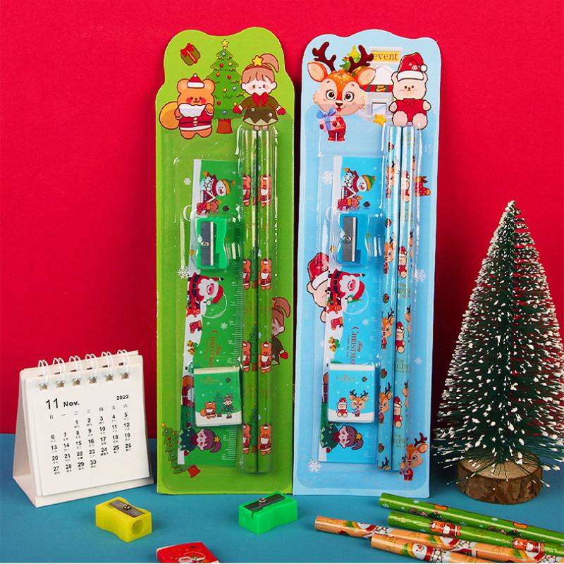 Christmas Gifts Cartoon Stationery Kids Writing Pencil Ruler Eraser Set Boy Girl Birthday Party Favors Stocking Stuffers