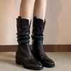 Fashion Autumn Winter Fleece-Lined Leather Half High Boots for Women Elegant Heeled Round Toe Mid Calf Shoes Woman 2025 Novelty Footwear
