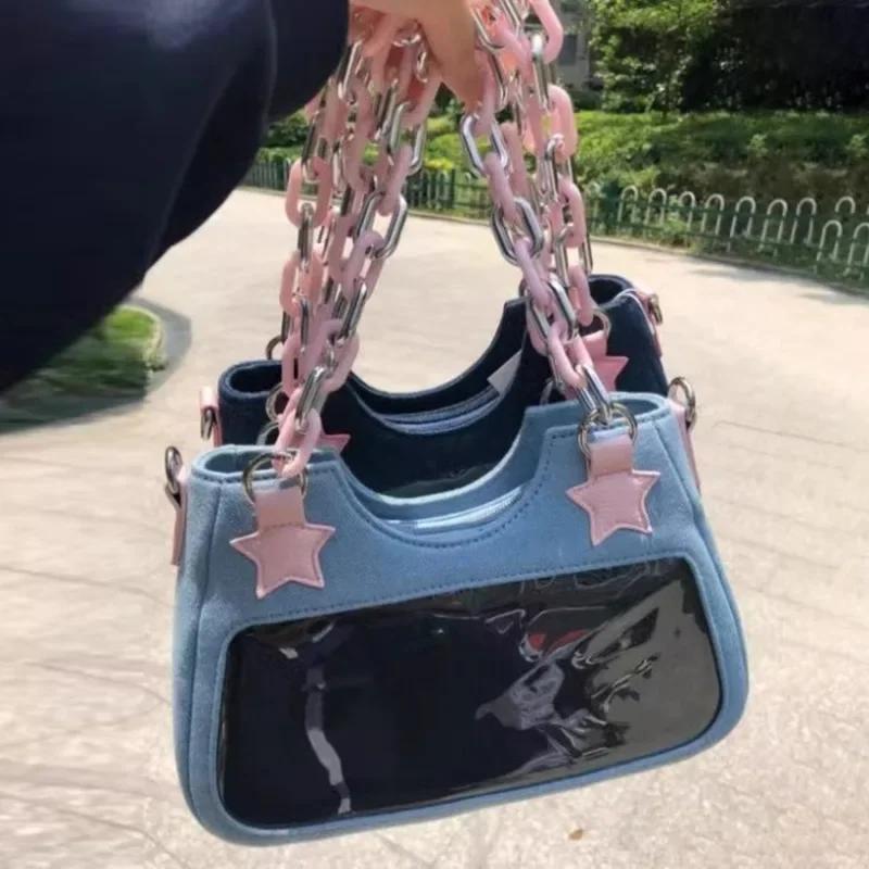 Модная сумка-тоут Underarm Harajuku Star Denim Bag Y2K Vintage Shoulder Bag Chain Ladies Bags Zip Wallets Handbags Women