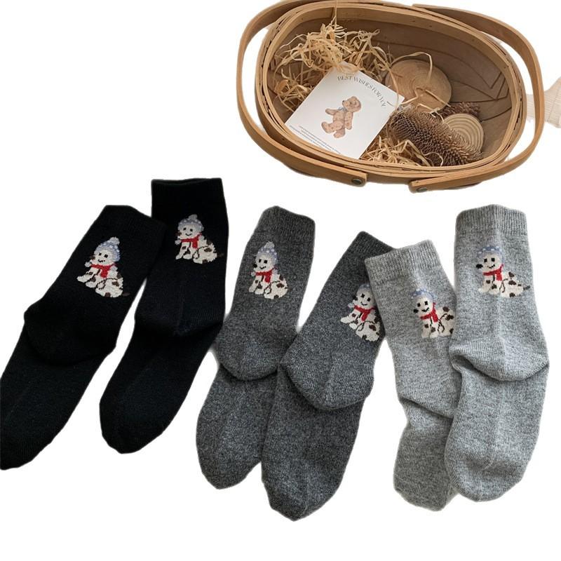 Thickened Warm Wool Socks For Women Cute Cartoon Sled Dog Mid-Leg Socks Cashmere Versatile Stack Socks