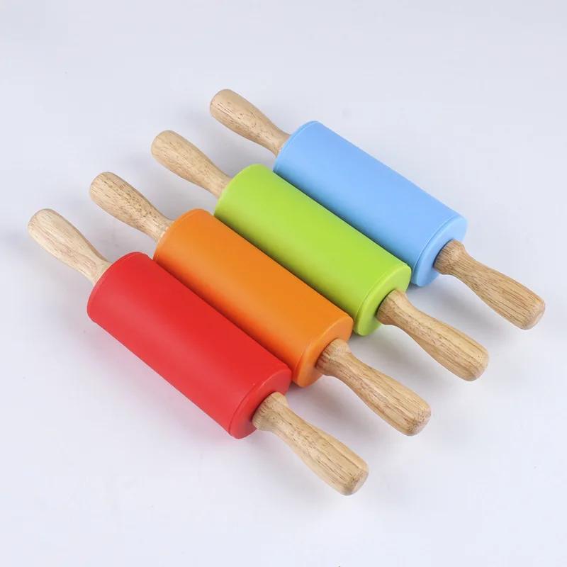 Non-Stick Silicone Rolling Pin Wood Handle Non-stick Dough Pasta Cookie DIY Dough Rolling Pin Kitchen Cooking Baking Tools