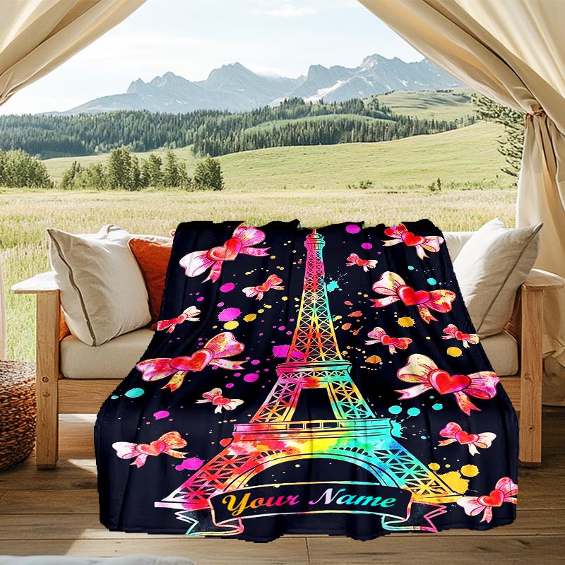 1PC Custom Name Eiffel Tower Bows flannel blanket versatile,all-season throw suitable for the living room,bedroom,camping,travel,and gift