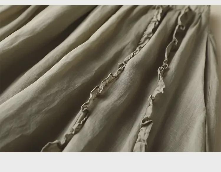 Trendy Cotton-Linen High-Waisted A-Line Skirt: Mid-Length with Ruffled Edges for a Slimming, Drapey Fit.