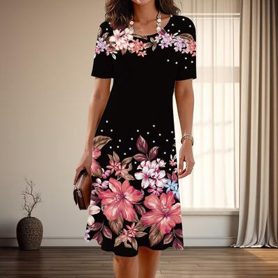Женская мода изящный цветочный принт лето весна короткий рукав О-образный вырез повседневные платья