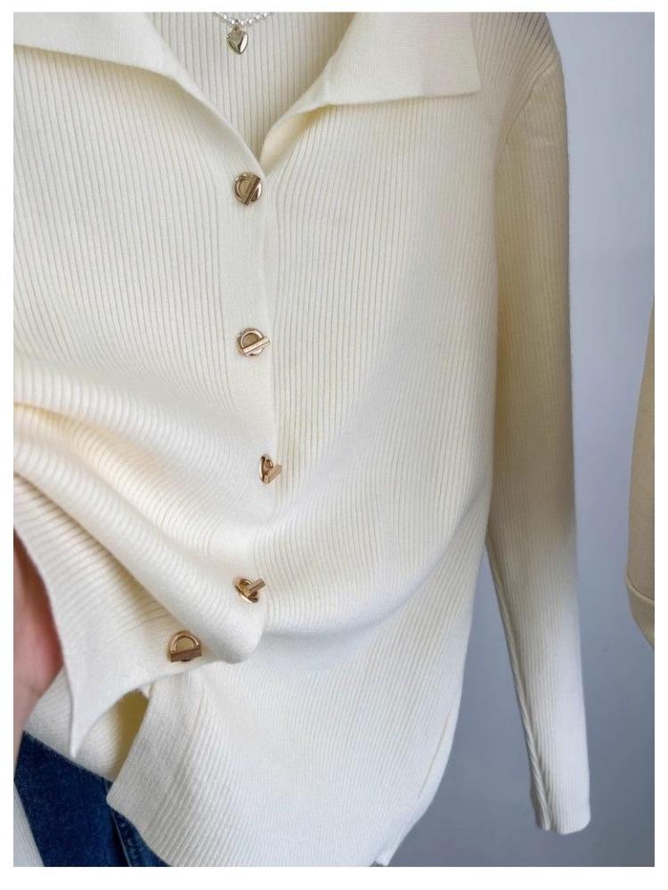 Французский элегантный лацкан вязаный свитер кардиган женский весна осень винтажная однотонная рубашка поло корейский шик под базовый слой одежды