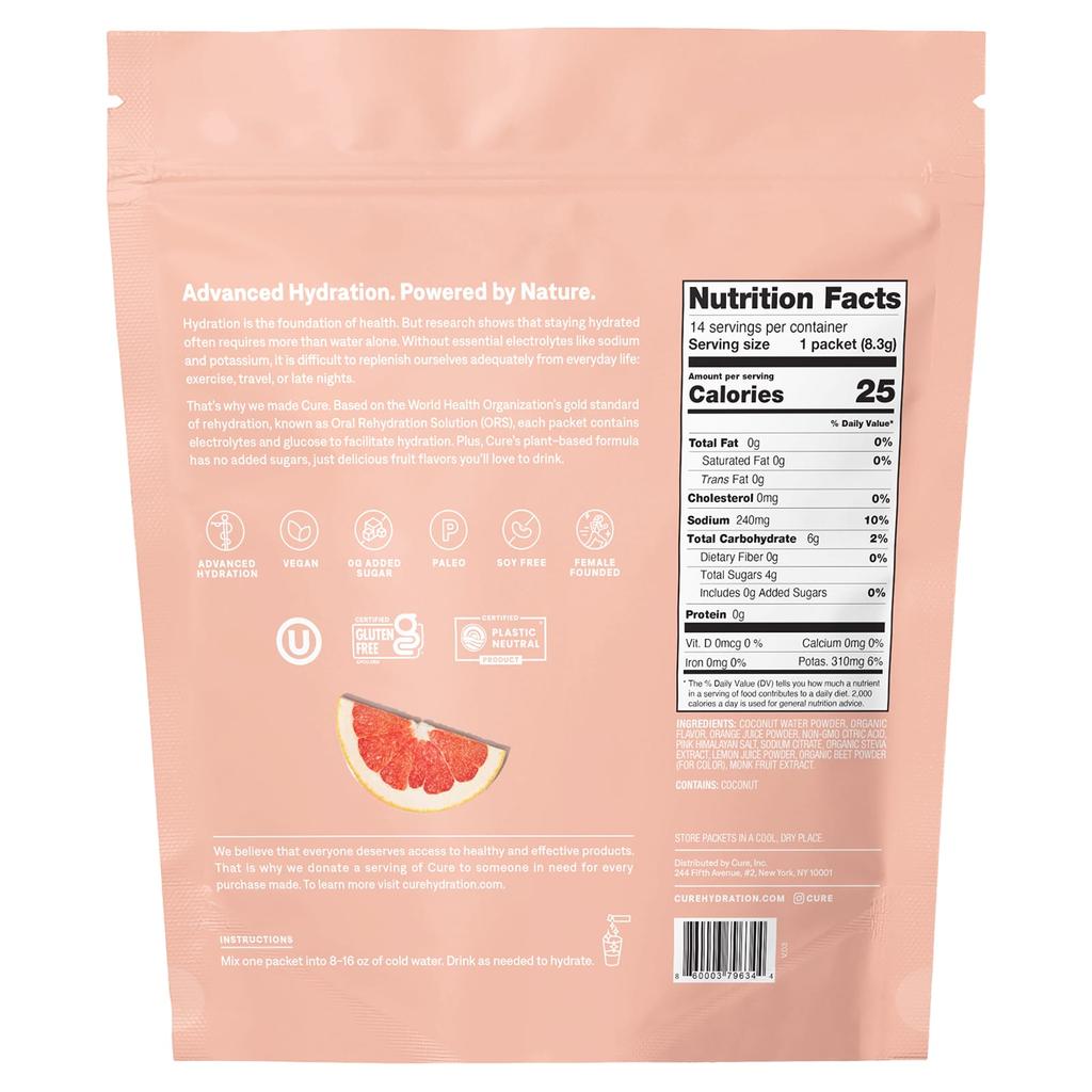 Cure Hydration Hydrating Electrolyte Mix, Grapefruit, 14 Packets, 0.29 Oz (8.3 G) Each