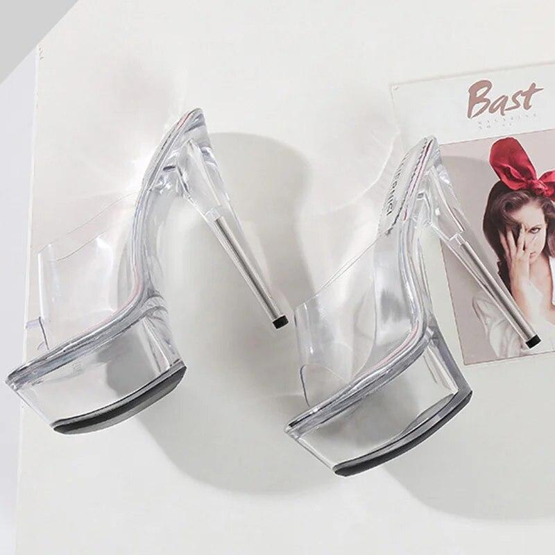 Женские туфли на шпильке, прозрачные сексуальные тапочки с неглубоким горлом и кристаллами, каблук 15 см, платформа 5 см, WZ