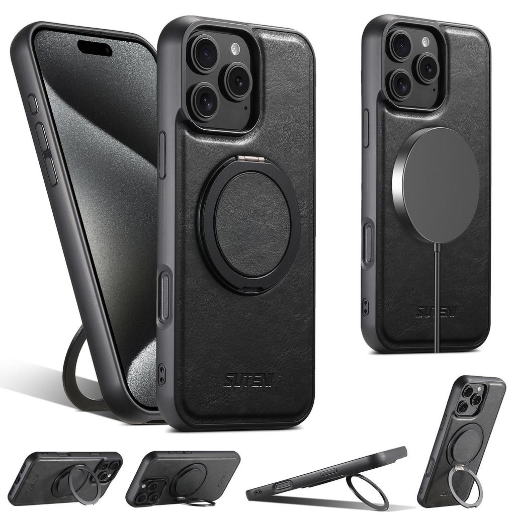 Кожаный чехол для iPhone17/Samsung S25 с магнитной вращающейся на 360° подставкой и совместимостью с беспроводной зарядкой