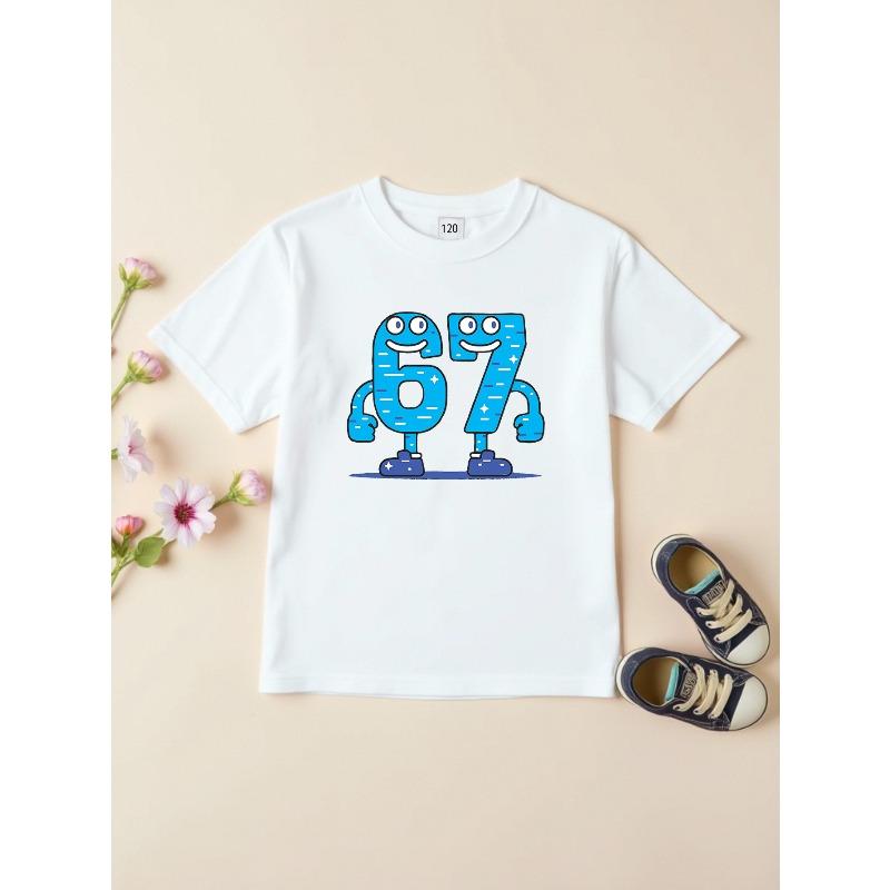 European sizes Children's Fun Number 67 Cartoon Print T-Shirt, Cute Joyful Face Pattern Top for Boys and Girls, Summer New Casual Short Sleeve