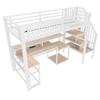 Loft bed, 90 x 200 cm, iron frame, storage, staircase with storage, safety railing, LED light strip, desk, USB port, without mattress, white