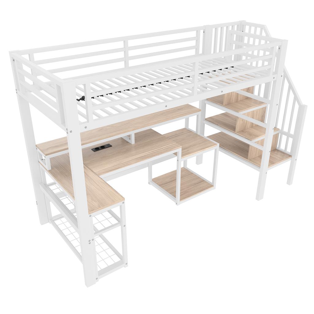 Loft bed, 90 x 200 cm, iron frame, storage, staircase with storage, safety railing, LED light strip, desk, USB port, without mattress, white