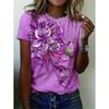 Women's T-shirt Floral Crew Neck Short Sleeve 3D Butterfly Print Elegant Casual Wear Spring Summer Comfort Fit Purple Multisize Fashion Top