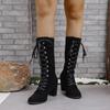 Fashion 2024 Black Boots Women Shoes  Knee High Women Casual Vintage Retro Mid-Calf Boots Lace Up Thick Heels Shoes