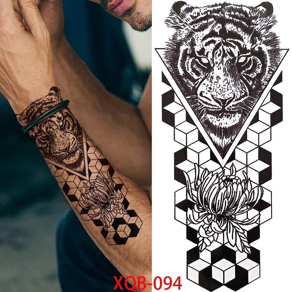 1 PC 210*114MM Cat Geometry Black Temporary Tattoos For Men Women Black Forest Skull Tiger Wolf Tattoo Sticker Evil Devil Arm Tattoo