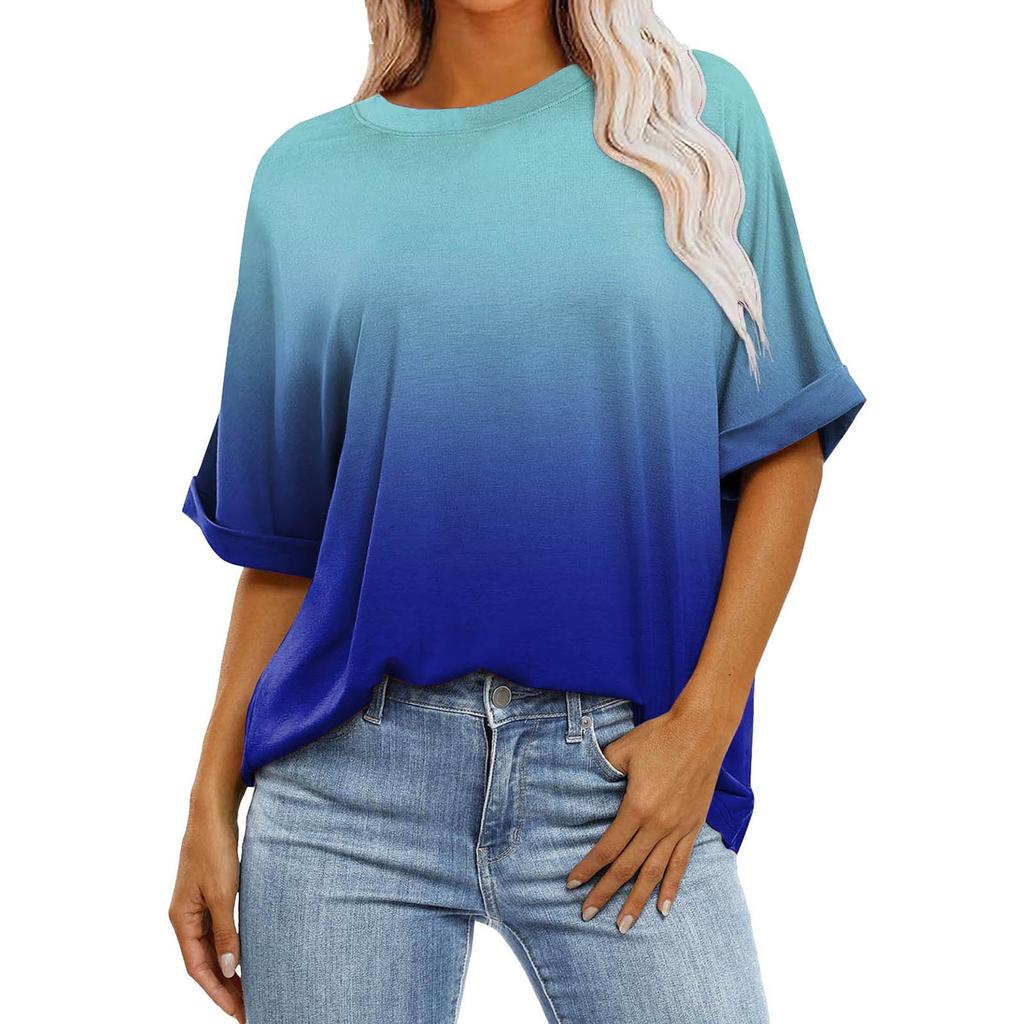 Женская свободная объемная футболка в градиентную полоску с круглым вырезом и длиной до плеч, с короткими рукавами, топ