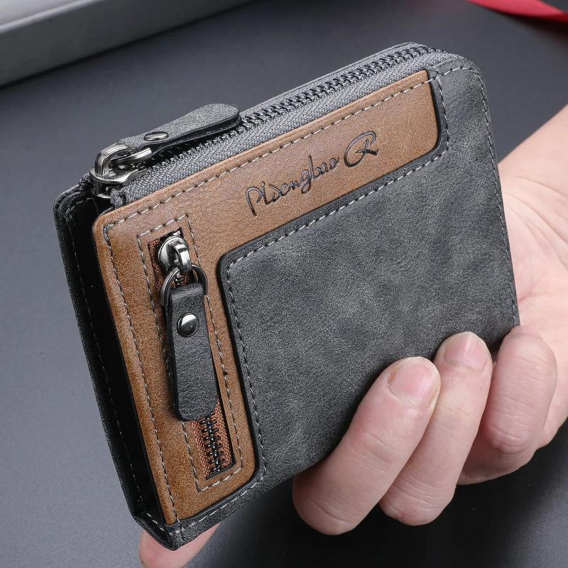 Trendy Luxury Men's Wallet Designer Male Short Zipper Leather 3 Fold Money Clip Card Holder High Quality Retro Coin Purse