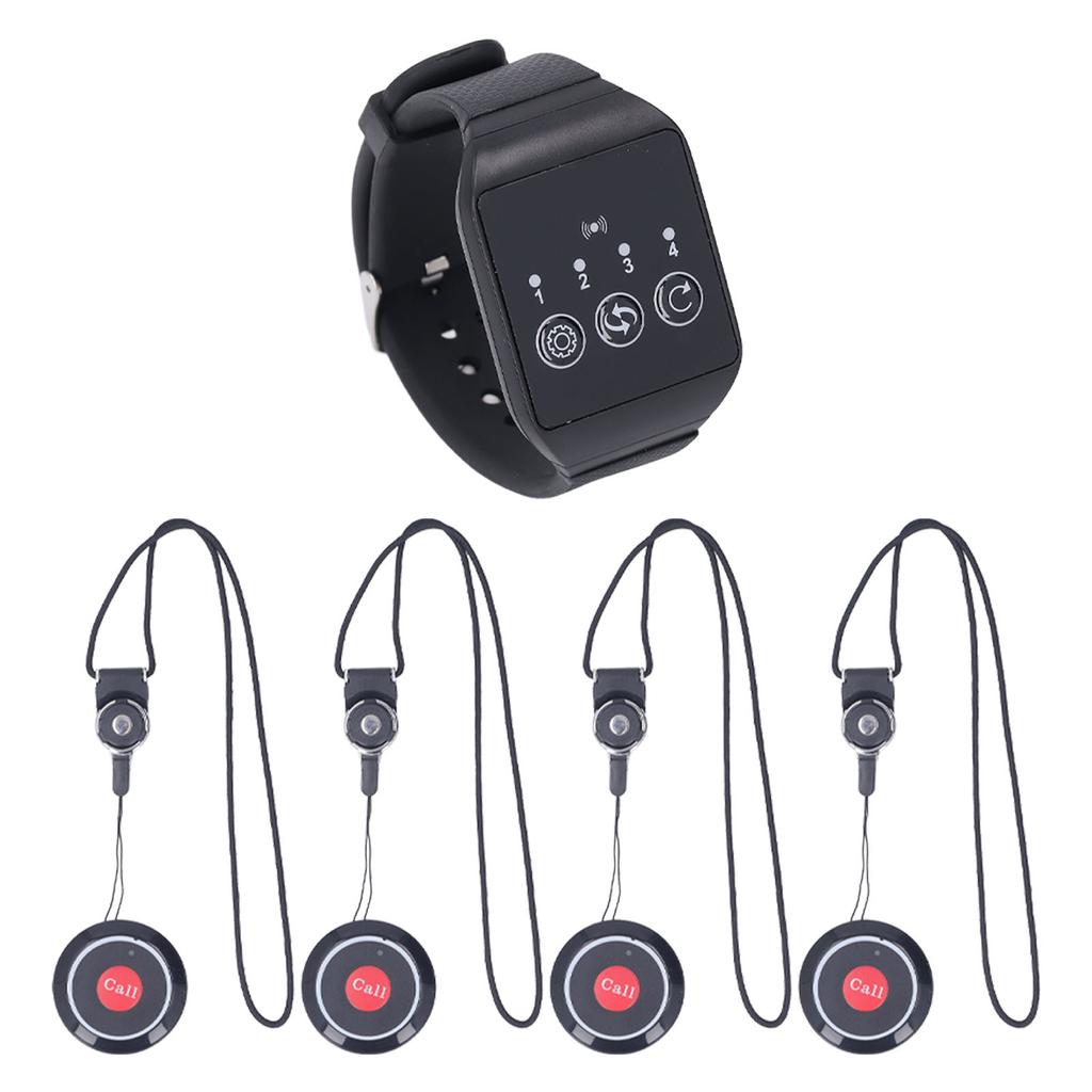 Wireless Restaurant Service Calling System 1 Watch and 4 Button Pagers Waterproof Restaurant Pager