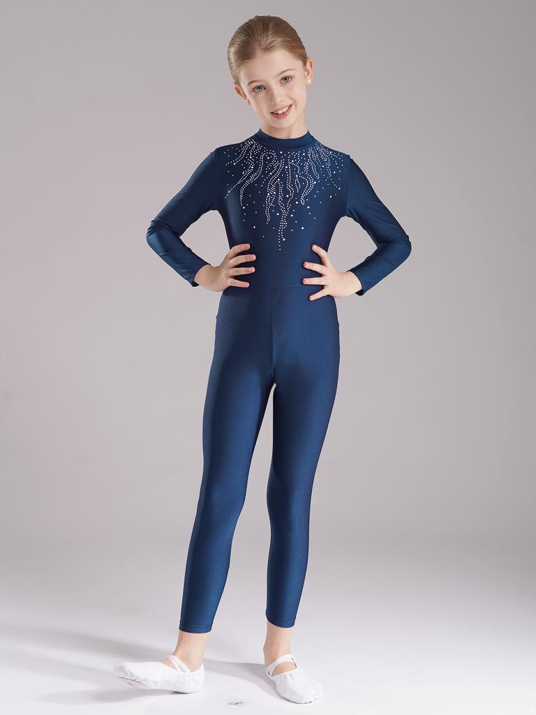Комбинезон с длинными рукавами и стразами для девочек, балета, гимнастики, акробатики, йоги, растяжки на все тело, фигурного катания