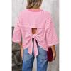 Новый женский полосатый вязаный топ-пуловер с круглым вырезом и бантом сзади