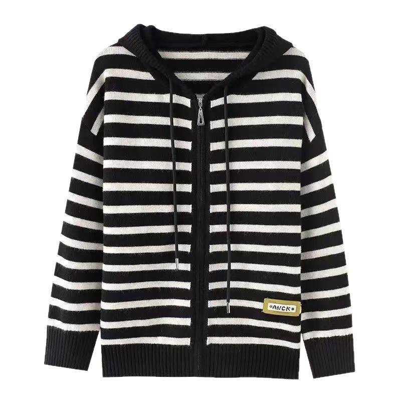 Striped Hooded Knit Cardigan - Stylish, Loose, and Versatile Autumn/Winter Outerwear
