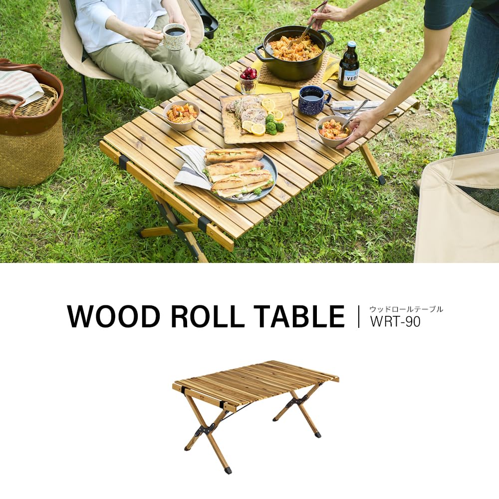 IRIS OHYAMA Wood Roll Table 90cm Wide x 60cm Deep x 44cm High Made of Acacia Wood with Storage Easy Ideal for Outdoor Camping (WRT-90) - Approx. -