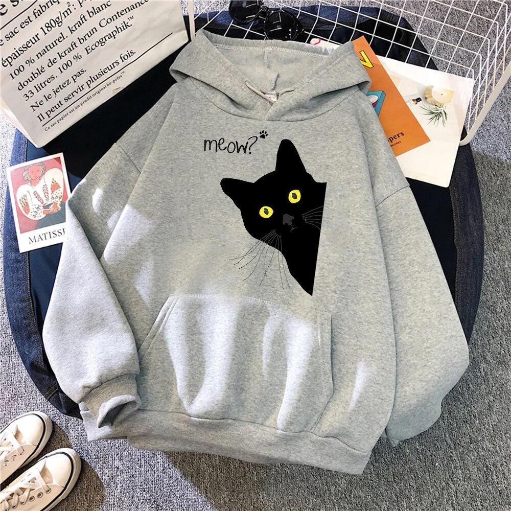 Мяу черный кот унисекс с капюшоном модные свободные толстовки унисекс с плотным принтом пуловер высокого качества уличная теплая спортивная одежда