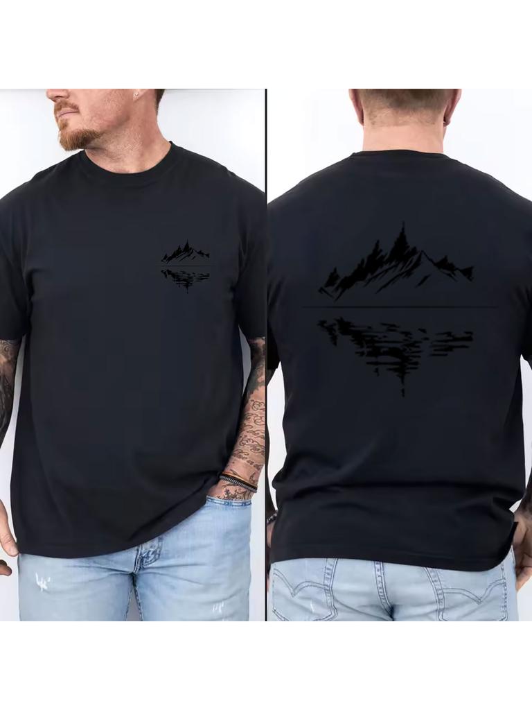 Men's Pure Cotton Short Sleeve T-Shirt, Abstract Mountain Reflection Print Casual Tee, Breathab