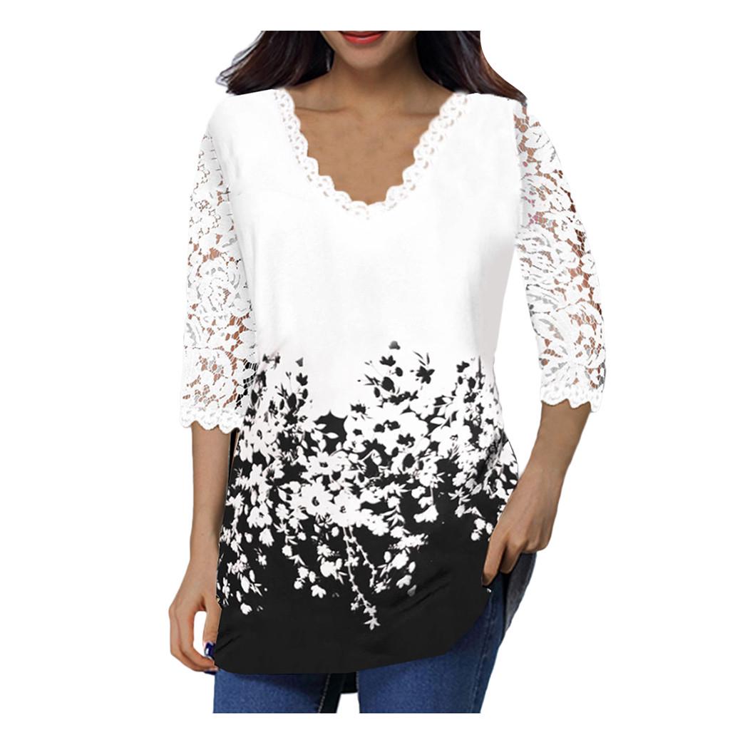 Women's Lace 3/4 Sleeve V Neck T Shirt Ladies Floral Blouse Tunic Tops Plus Size
