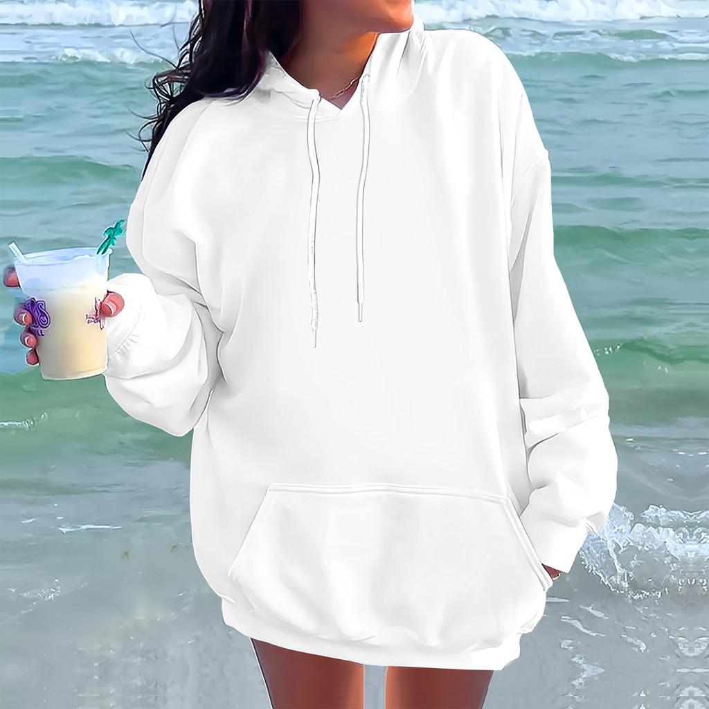Женская модная повседневная толстовка с длинными рукавами и круглым вырезом с капюшоном, однотонная толстовка с прошитой нитью
