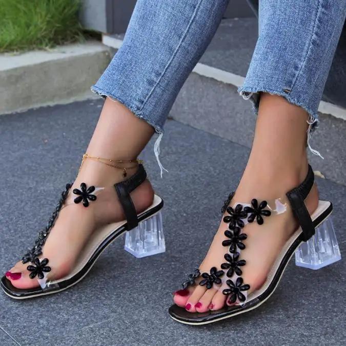 Модные женские сандалии из ПВХ с кристаллами и цветочным декором, толстый каблук, открытый носок, ремешок сзади, эластичная лента, элегантная модная женская обувь