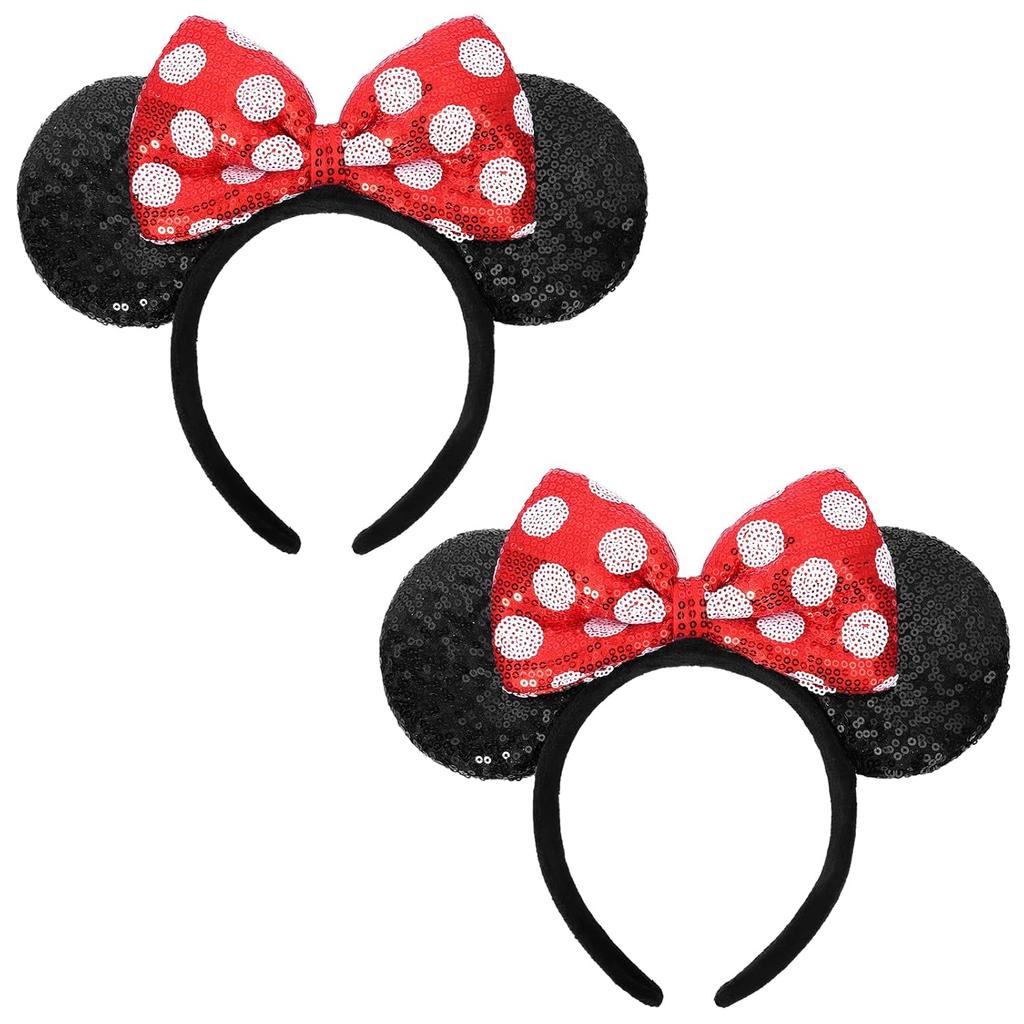 Shiny Sequin Mouse Ear Headbands, 2 PCS Classic Bow Headbands for Adult Women and Girls (Red Sequin & Red Dot)