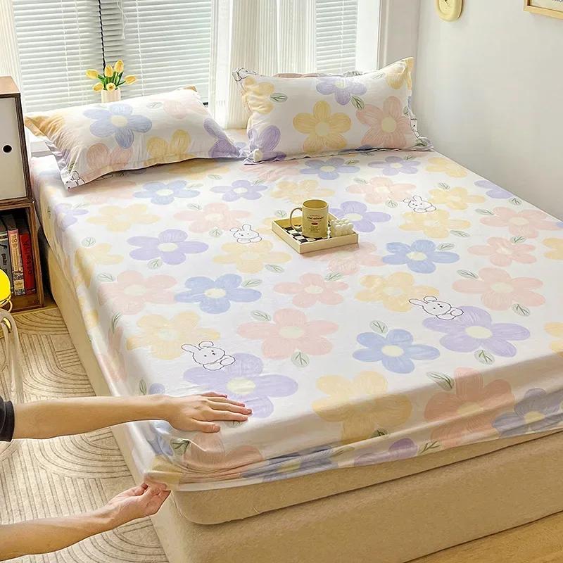 Зеленый клетчатый узор Набор простыней на резинке Любовь Сердце Защитный чехол для матраса 3 предмета Хлопковый постельный комплект Дышащий, приятный для кожи