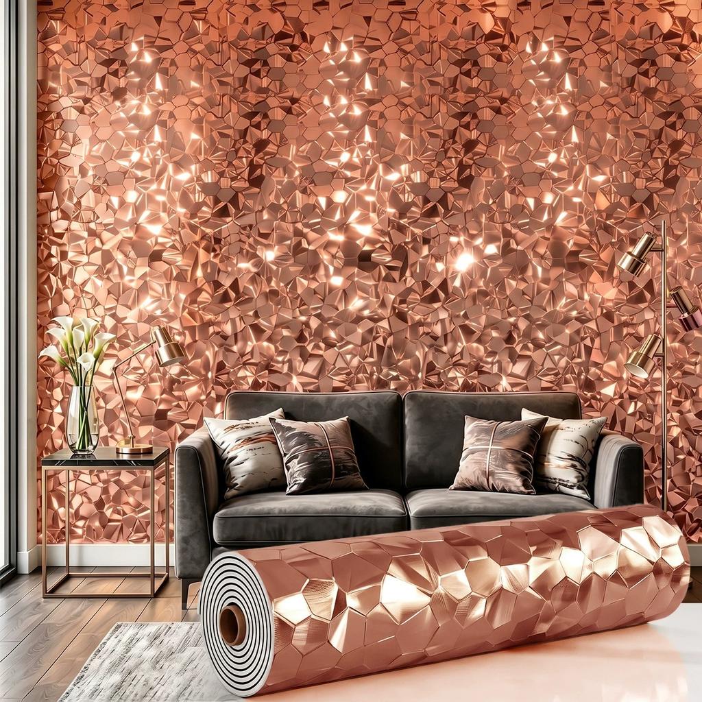 Self-adhesive wall sticker featuring a metallic-finish faux-slat striped pattern; suitable for living room TV feature walls