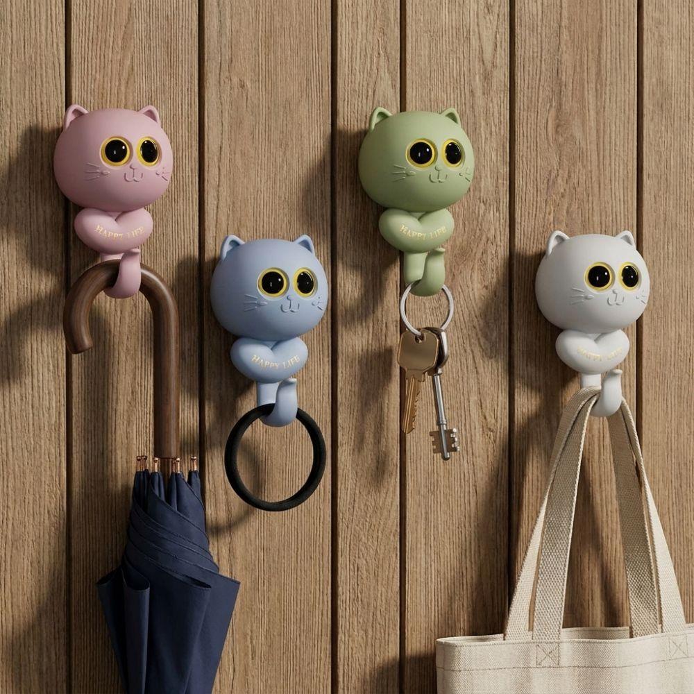 Free Punching Cat Blink Eyes Hook Wall Hanging Key Holder Sticky Hooks Cartoon Cat Hooks Kitchen