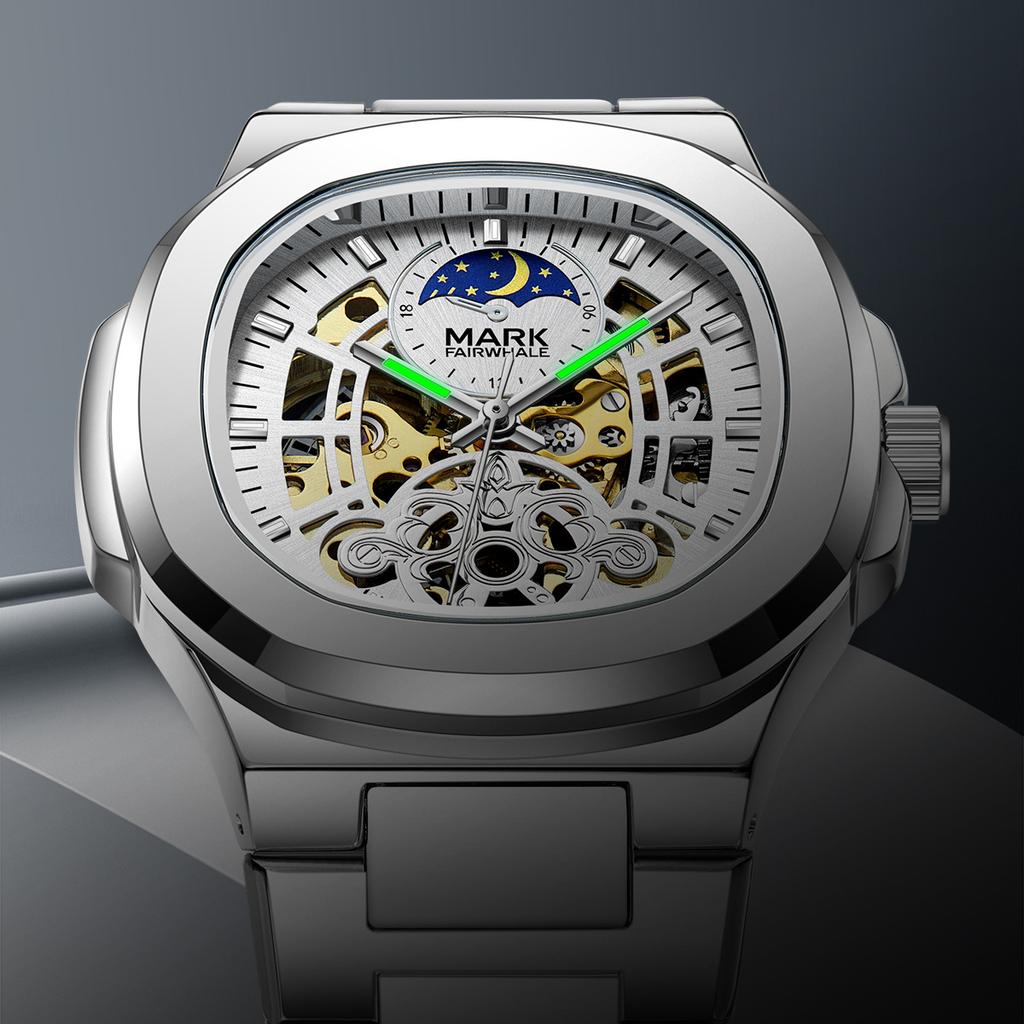 Mark Fairwhale Brand Tourbillon Skeleton Luxury Business Automatic Watch Man Square Waterproof Moon Phase Mechanical Watches Men