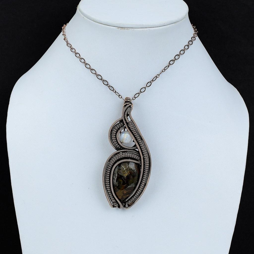 Rock Calci Подвеска Медная проволока Обернутая подвеска Радужный лунный камень Ювелирные изделия из драгоценных камней Элегантный кулон Ручная работа из медной проволоки Ювелирные изделия Подарок для него