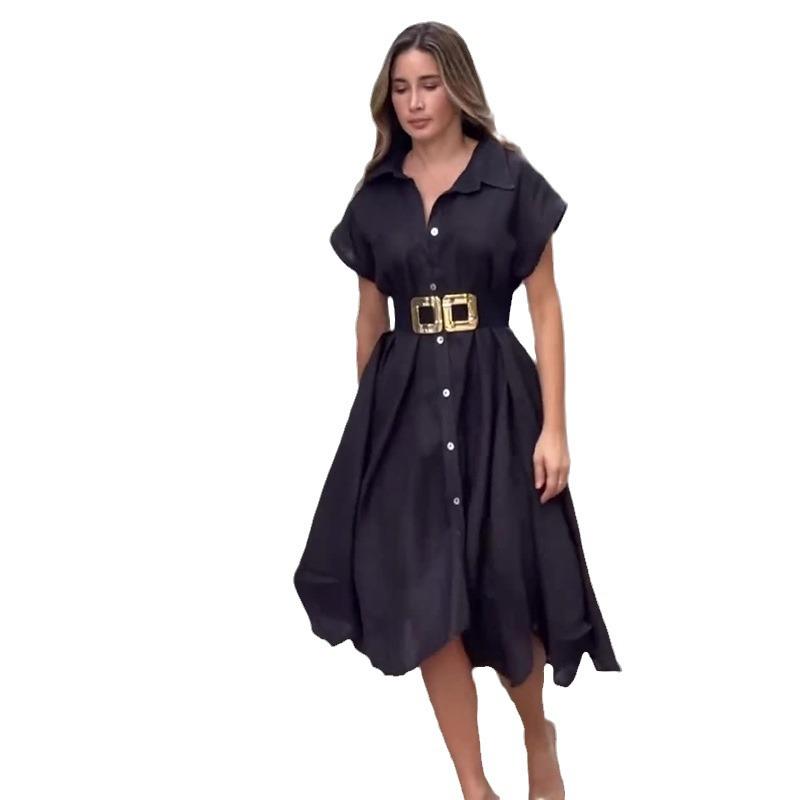 Летнее женское повседневное однотонное платье-рубашка на одной пуговице