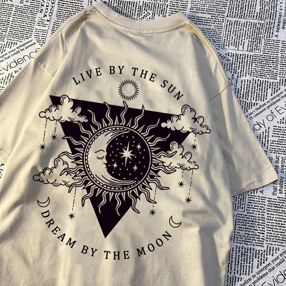 Live By The Sun Dream By The Moon Tshirt Women Hip Hop Casual Tops Pattern Sweat Summer Clothing Fashion Loose Tshirt