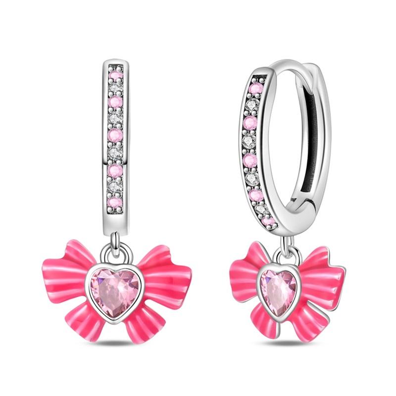 Новые медные серьги-пусеты в виде розовых бантиков с блестками и серьги-кольца с подвесками-паве для девочки, милые романтические украшения в подарок