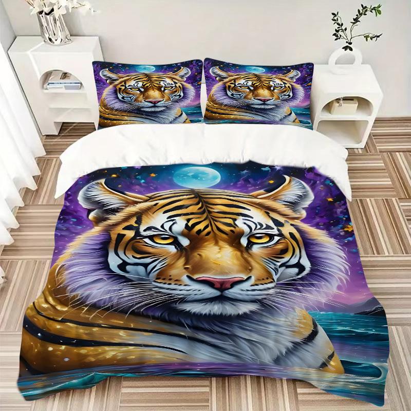 3pcs Tiger Moon Night Print Duvet Cover Set - Includes 1 Duvet Cover and 2 Pillowcases, No Quilt Core, All-Season Home Decor yy251111015