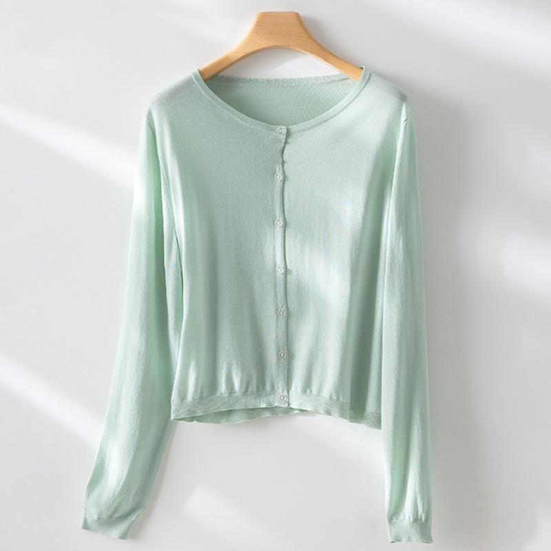 Однобортный вязаный кардиган женский летний новый тенсел солнцезащитный ленивый повседневный с круглым вырезом с длинным рукавом топ куртка