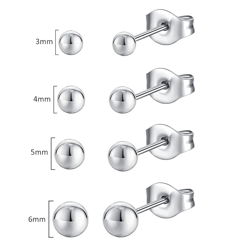 JOLCHIF Surgical Stainless Steel Ball Piercing Ball Earrings 4 Pairs Round Ball Earrings Compatible with Metal Allergies Cartilage Piercing