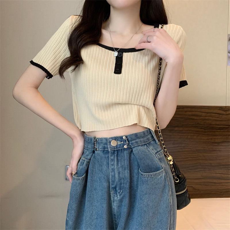 Square Neck Color Blocked Short Sleeved T-shirt for Women In Summer French Style Spicy Girl Knitted Base Shirt Front Shoulder Top