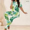 Women Plus Size Green Abstract Printed Two Piece Set Round Neck Short Sleeve Top Fitted Long Pants