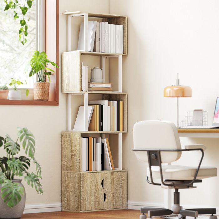 Bibliothèque - HOMCOM - 5 niveaux - étagères et placard double porte - panneau de particules - 60 x 23,8 x 179,2 cm - bois naturel