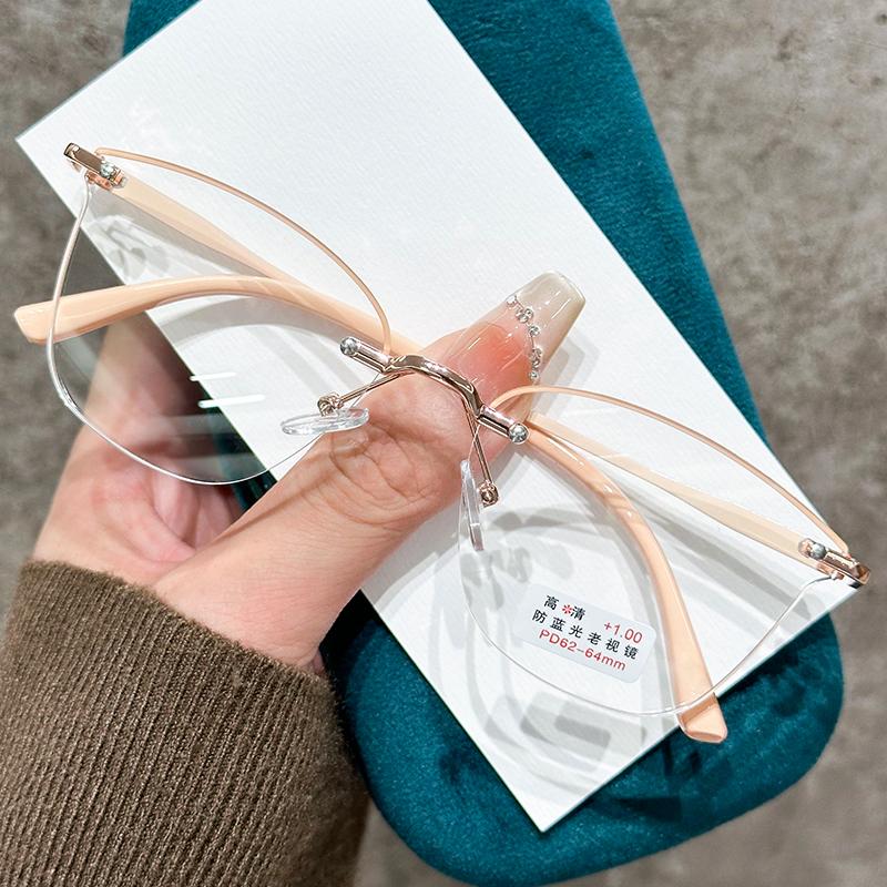 Металлические очки для чтения без оправы с необработанным краем, ультралегкая розовая оправа, очки для пресбиопии, очки с высоким разрешением и защитой от синего света