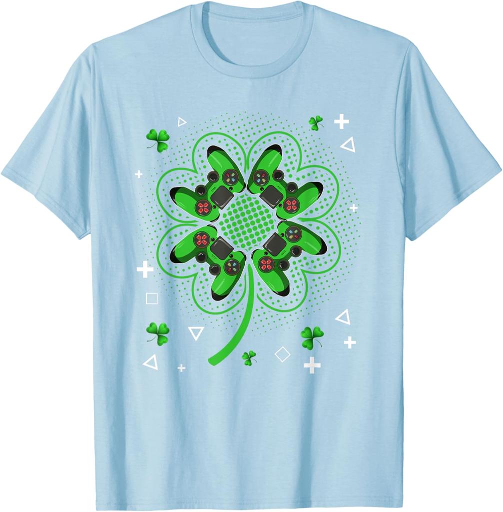 Gamer Shamrock Clover Controller St Patricks Day Graphic Tee Men Casual Trip T-Shirt