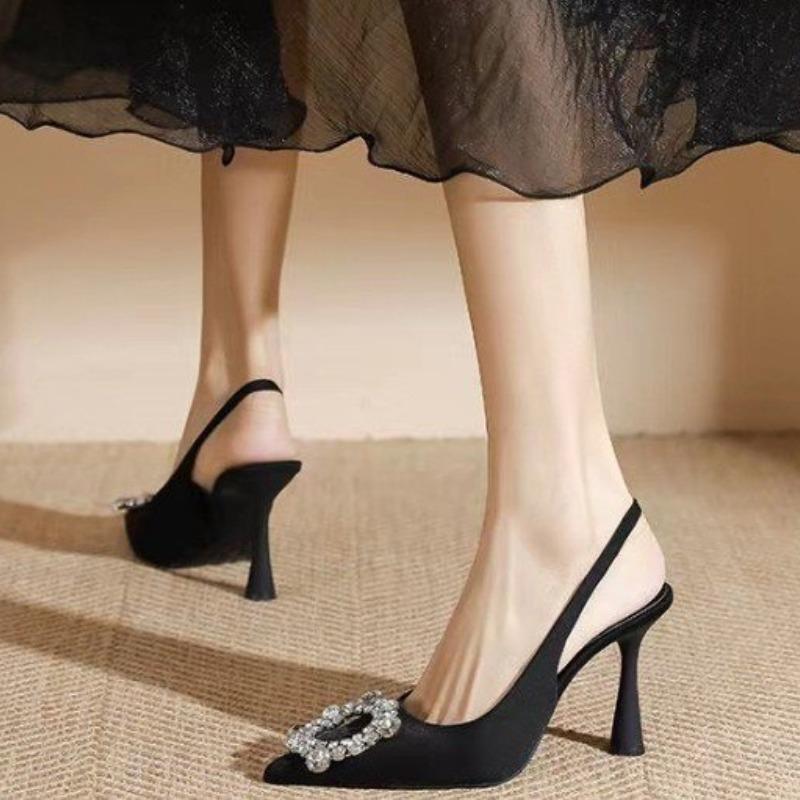 Элегантные женские туфли-лодочки с хрустальной пряжкой Лето 2025 Сексуальные туфли-лодочки с острым носком и высоким каблуком Сандалии Женские с ремешком сзади Вечерние свадебные туфли Женские