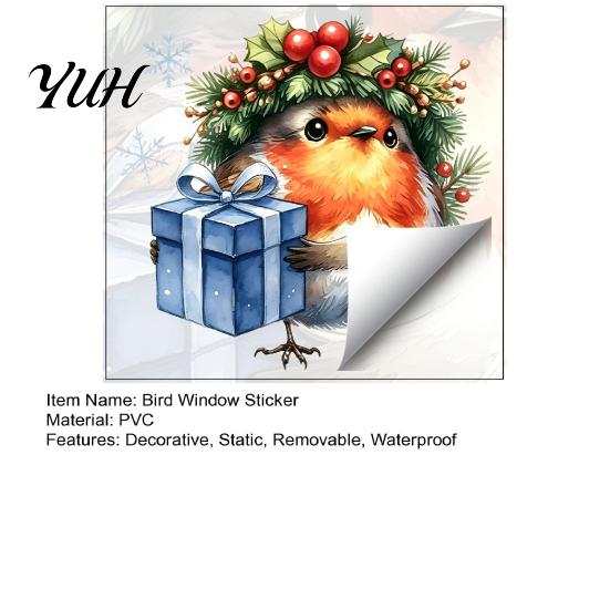 Cute Animal Pattern Stickers Christmas Bird Static Window Sticker, Watercolor Glass with Wreath And Gift Box, PVC Decals for Waterproof Clings Holiday