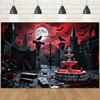 Red Horror Style-Crows,Full Moon,Castle Elements-Halloween Backdrop Tapestry for Party,Photography Booth,Festive Decor